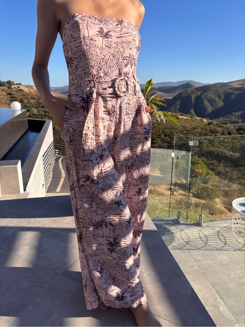 Astr the Label Pink Strapless Belted Jumpsuit Kona Print
